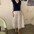 Puff-sleeve Floral Midi Dress / Knit Vest