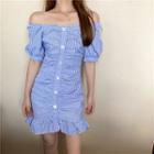 Short-sleeve Off-shoulder Checked Buttoned Mini Sheath Dress