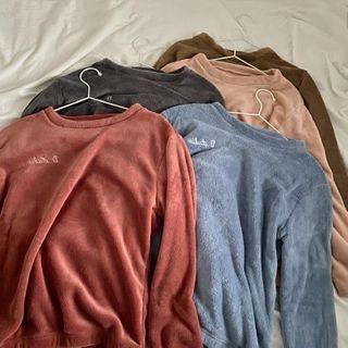 Long-sleeve Letter Embroidered Coral Fleece Top / High-waist Letter Embroidered Coral Fleece Pants