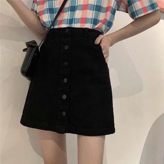Plain High-waist Button-up Washed A-line Skirt