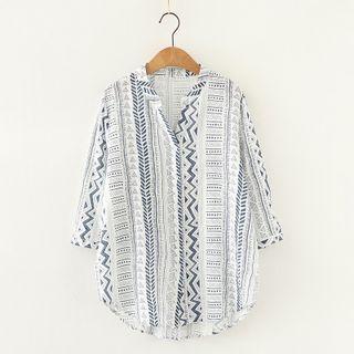 Long-sleeve Geometric Print Button-up Blouse
