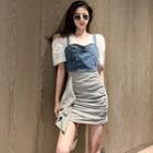 Puff-sleeve T-shirt / Denim Bralette / Ruffled Mini Skirt