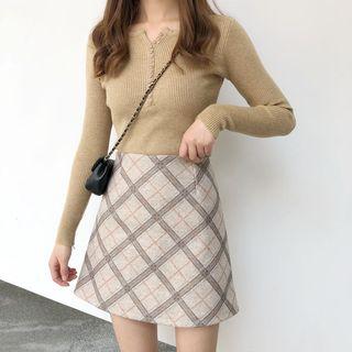 Plaid Woolen A-line Mini Skirt