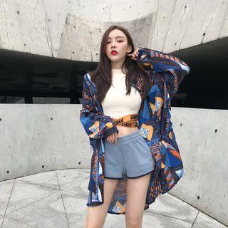 Long-sleeve Printed Button-down Shirt As Shown In Figure - One Size