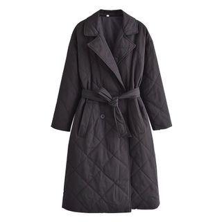 Tie-front Quilted Double-breasted Long Coat