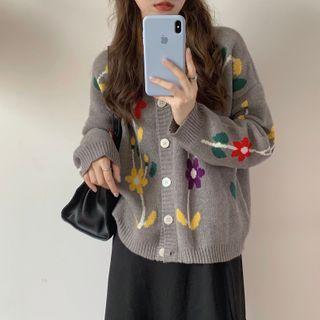 Round-neck Flower Embroidered Cardigan As Shown In Figure - One Size