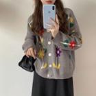 Round-neck Flower Embroidered Cardigan As Shown In Figure - One Size