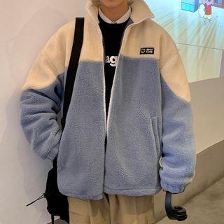 Smiley Lettering Embroidered Two-tone Fleece Jacket