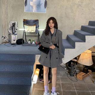 Plain Collared Long-sleeve Blazer / Square Buckle Belt