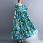 Short-sleeve Patterned Midi A-line Dress Green - One Size