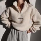 Stand-collar Zipper Faux-shearling Long-sleeve Sweatshirt