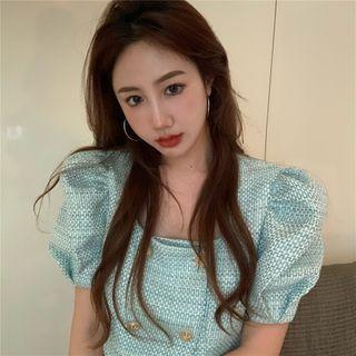 Tweed Puff-sleeve Square-neck Cropped Blouse