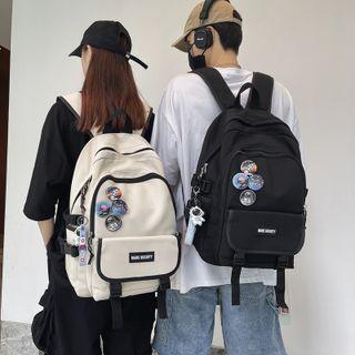 Set: Buckled Nylon Backpack + Bag Charm + Brooch