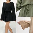 Set: Drop-shoulder Slit-cuff T-shirt + Flared Shorts