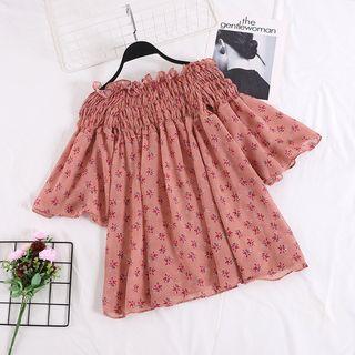 Off-shoulder Floral Elbow-sleeve Top