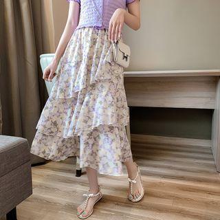 Tiered Floral Print Chiffon A-line Midi Skirt As Shown In Figure - One Size