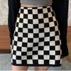 Checkered Knit Mini Pencil Skirt Check - Black & White - One Size