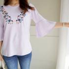 Frill-sleeve Embroidered T-shirt