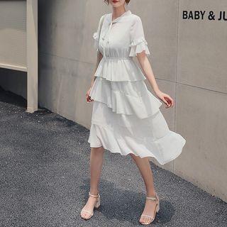 Dotted Tie-neck Short-sleeve Midi Tiered Dress