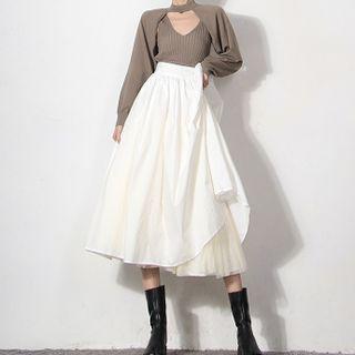 Mesh Panel Layered Midi A-line Skirt