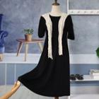 Short-sleeve Lace Shawl A-line Dress Black - One Size