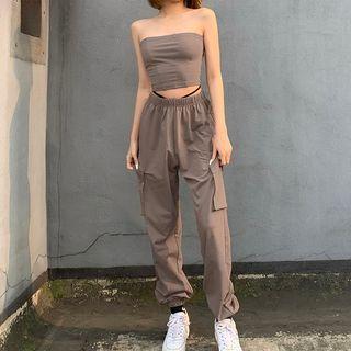 Strapless Top / High Waist Wide Leg Jogger Pants