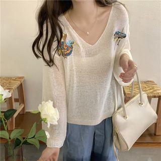 Bird Embroidered Loose Knit Sweater
