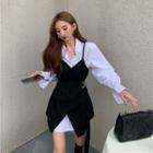 Long-sleeve Mini Shirtdress / Asymmetrical Mini Overall Dress