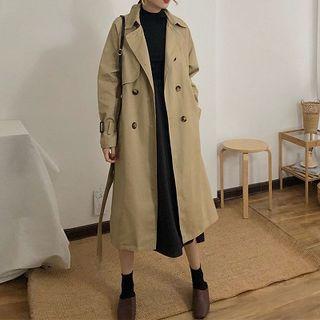 Plain Double-breasted Long-sleeve Midi Trench Coat