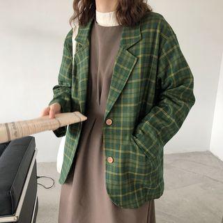 Long-sleeve Plaid Blazer Green - One Size