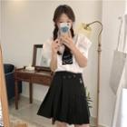 Puff-sleeve Shirt / Mini Pleated Skirt