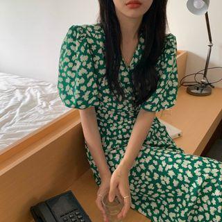 Puff-sleeve Floral Print Midi A-line Dress White Floral - Green - One Size