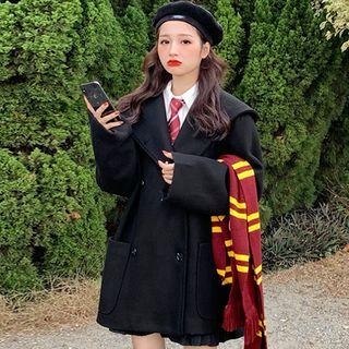 Striped Knit Scarf / Plain Shirt / Double-breasted Coat
