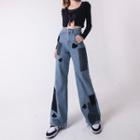 High Waist Color Block Heart Pattern Wide Fit Jeans
