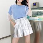 Plain Short Sleeve T-shirt / Drawstring Shorts / Mesh 3/4 Sleeve T-shirt