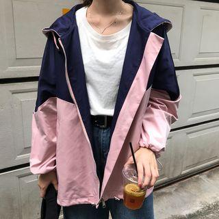 Color Block Hooded Zip Jacket As Shown In Figure - One Size