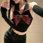 Set: Plaid Bow Crop Tank Top + Arm Sleeves Black - One Size