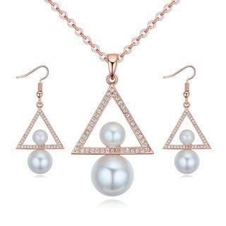 Set: Pearl Rhinestone Triangle Earring + Pendant Necklace