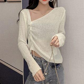 Long-sleeve Irregular Drawcord Knit Top White - One Size