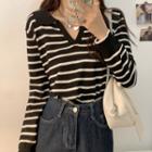 Long-sleeve Open-collar Striped Knit Top