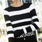 Lettering Striped Long-sleeve Crop Top