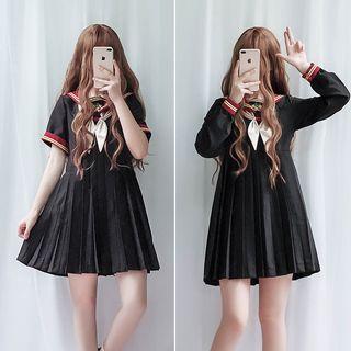 Tie-neck Badge Embroidered A-line Dress