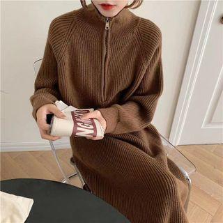 Half-zip Ribbed Knit Midi Sweater Dress