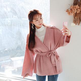 Drop-shoulder Open-front Cardigan With Sash