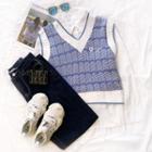 Long-sleeve Plain Shirt / Plaid Embroidered Knit Vest