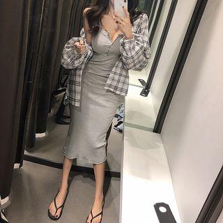 Loose-fit Plaid Shirt / Henley Tank Dress