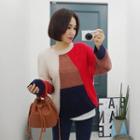 Round-neck Color-block Knit Top Red - One Size