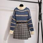 Set: Striped Sweater + Plaid A-line Skirt