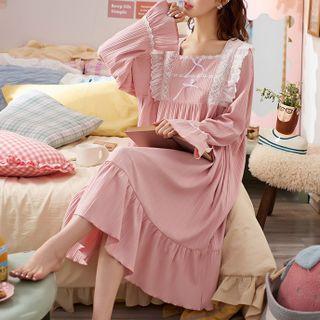 Long-sleeve Ruffle Lace Trim Sleep Dress
