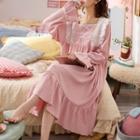 Long-sleeve Ruffle Lace Trim Sleep Dress